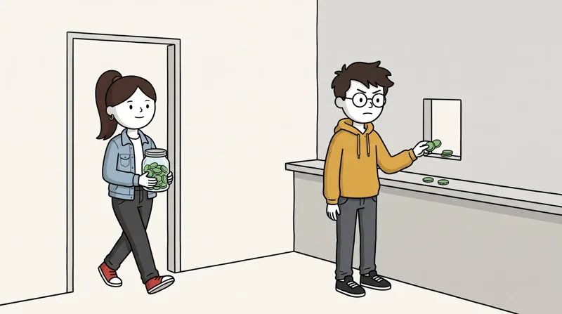 Ilustración del capítulo 3: María traspasa su dinero por una puerta mientras Dani paga en una ventanilla