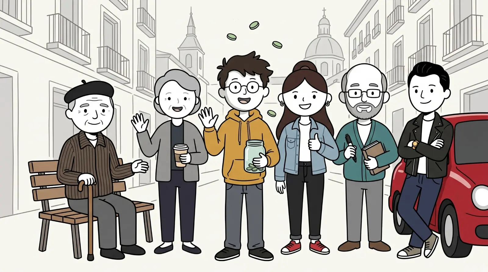 Los personajes del canal en una calle de Madrid: un abuelo sentado en un banco, Carmen con un café, Dani con un bote de monedas, Lucía, Paco con un libro y un chico apoyado en un coche rojo